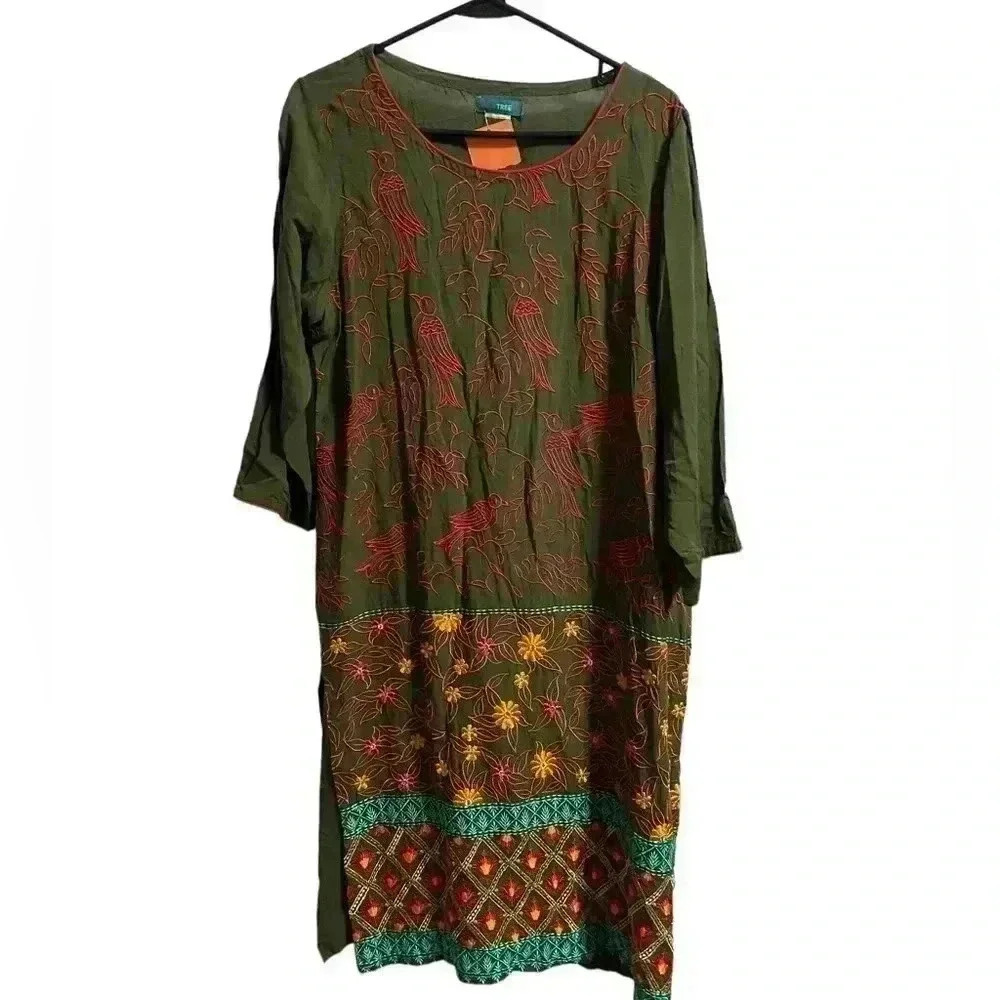 Beech Tree Embroidered Bird Print Tunic Dress Coverup Size 14
